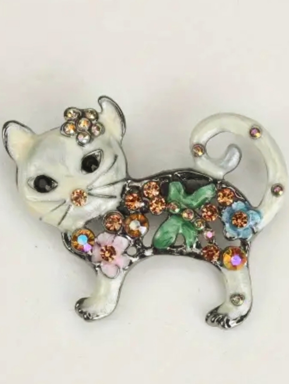 Cat Brooch with Pink, Green & Blue Accents